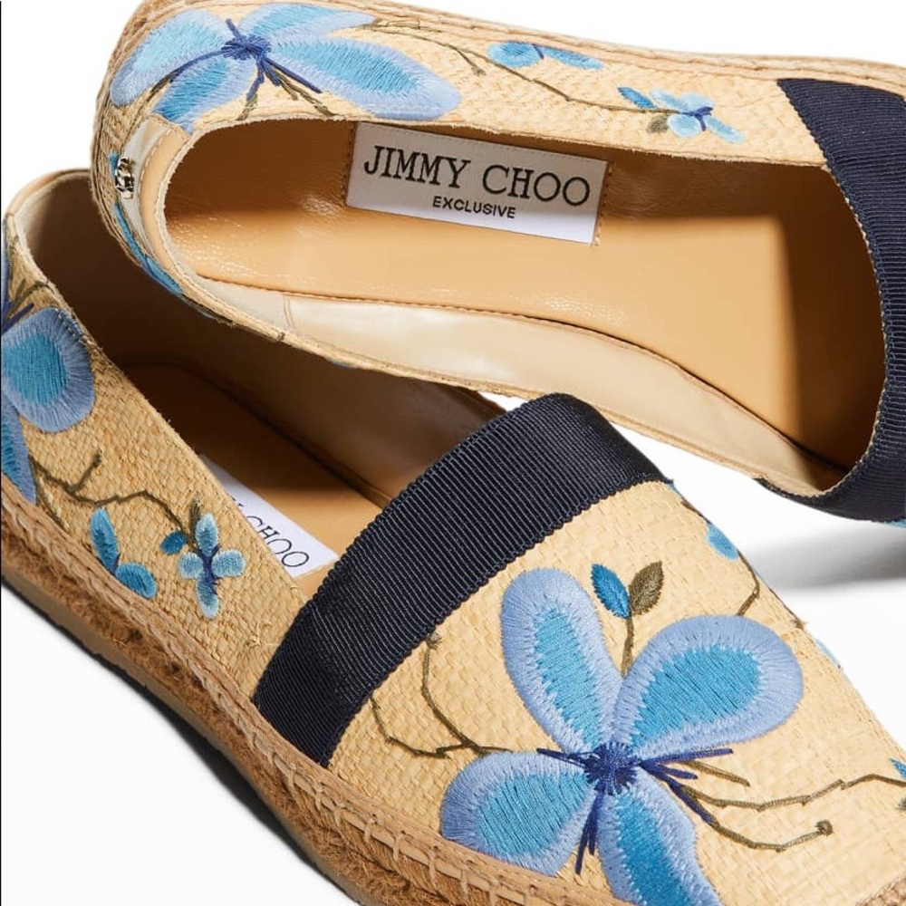 Jimmy Choo Dru Floral Embroidered Espadrille Loafers 38.5, fits like a US 6.5